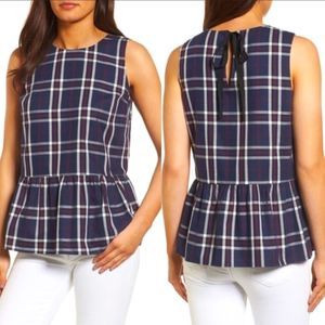 Sz S Halogen Navy Plaid Sleeveless Peplum Top